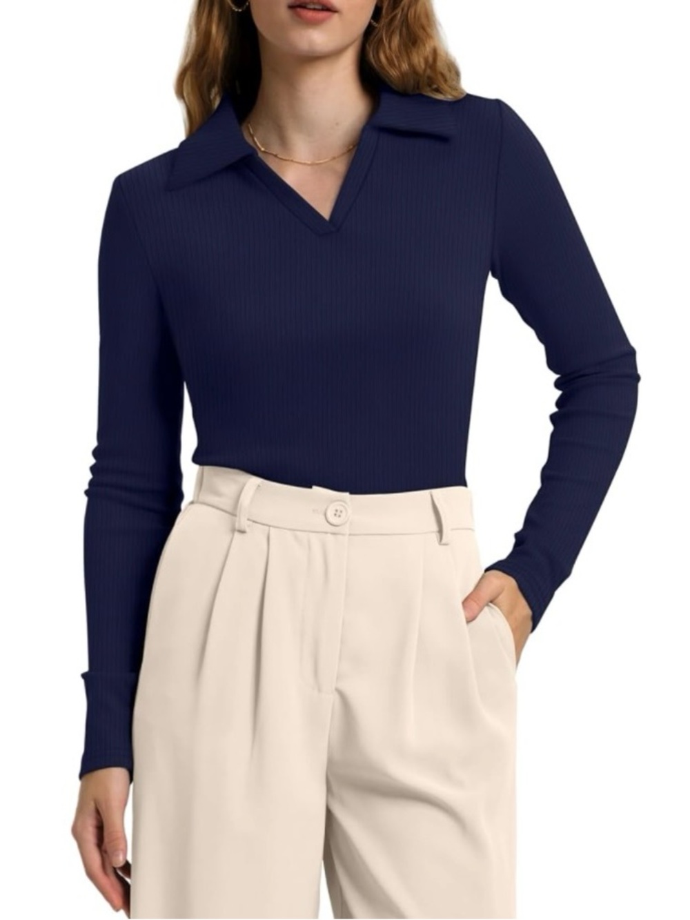 🎉Slim-fit long-sleeve polo, collared knit top V-neck businesscasual essentials. - Picture 4 of 12